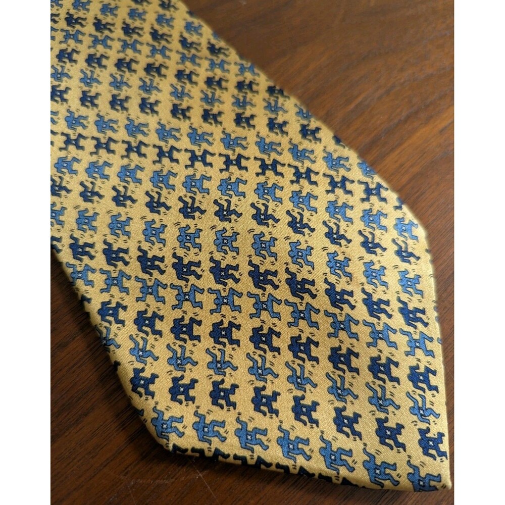 Vtg 90s Keith Haring Silk Neck Tie Vintage Pop Art Blue Yellow Abstract Korea